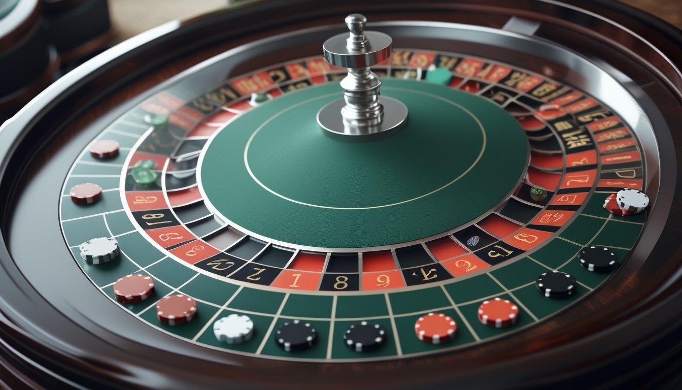 Meja roulette Eropa dengan roda satu angka nol dan chip taruhan yang tersusun di berbagai area taruhan.