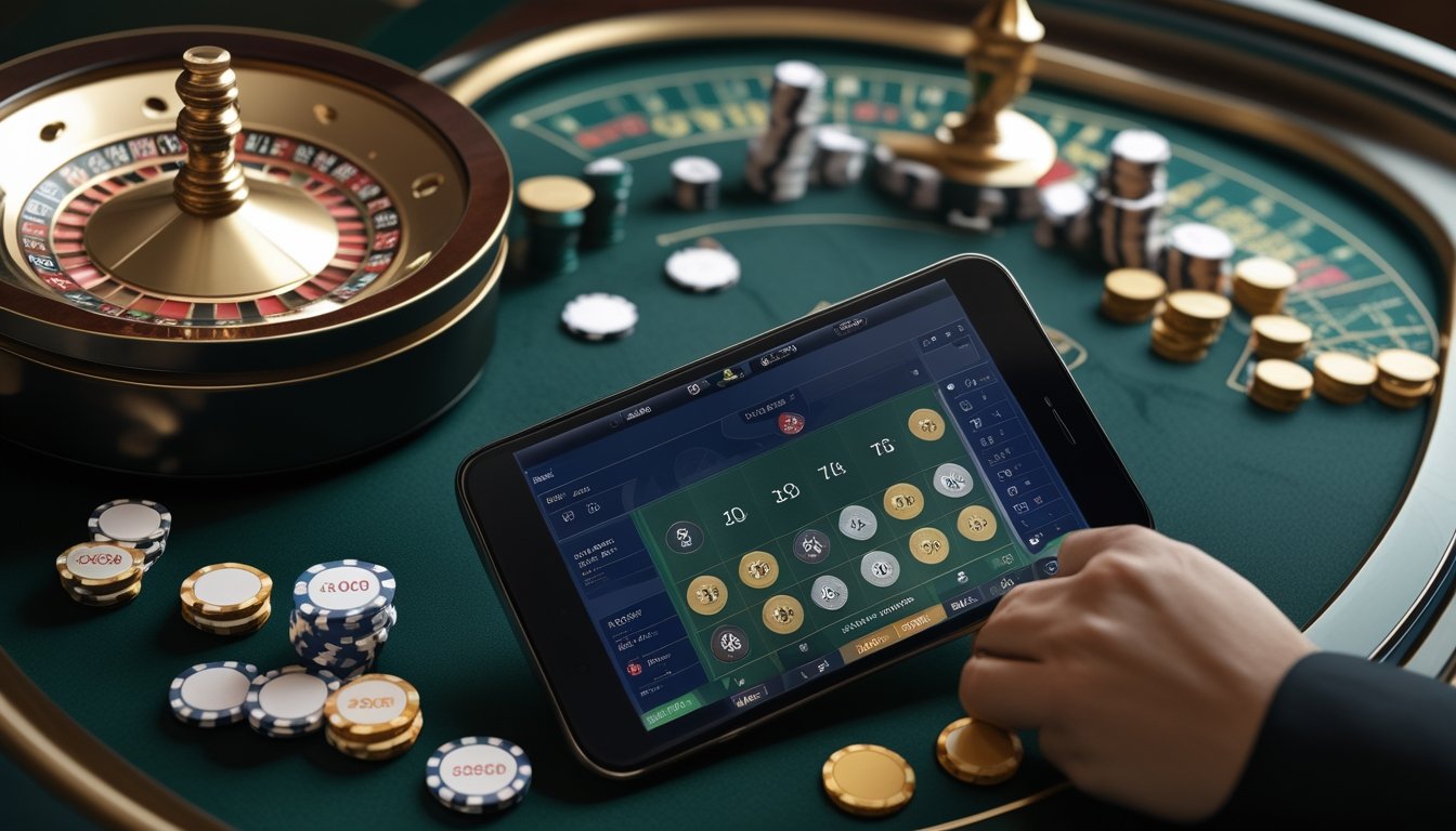 Ponsel dan tablet menampilkan permainan roulette di atas meja kasino dengan roda roulette dan keping taruhan.