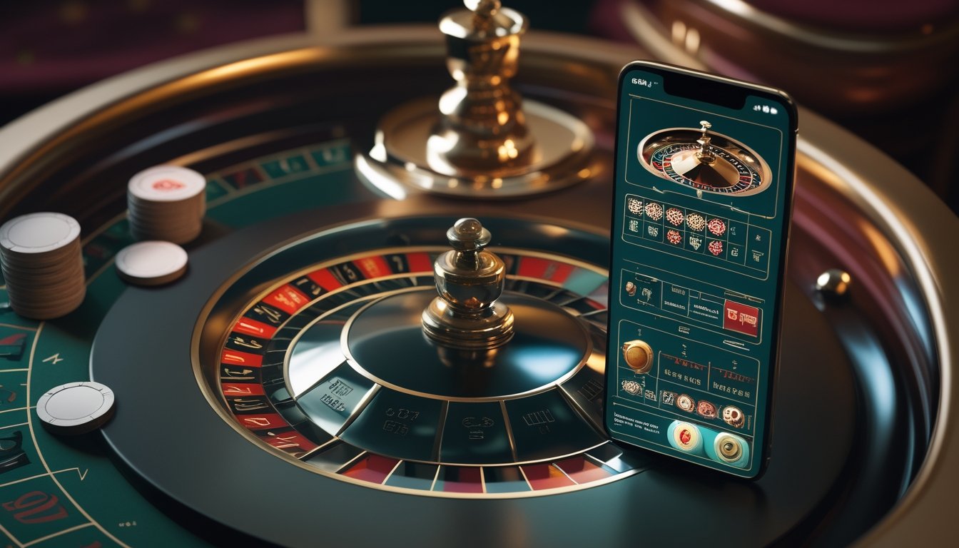Ponsel dan tablet menampilkan permainan roulette di samping roda roulette, bola, dan keping taruhan di meja kasino.