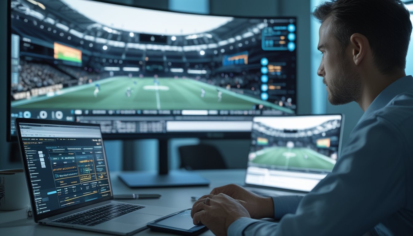 Analis mempelajari pertandingan olahraga virtual dan grafik analitik di depan komputer dan tablet.