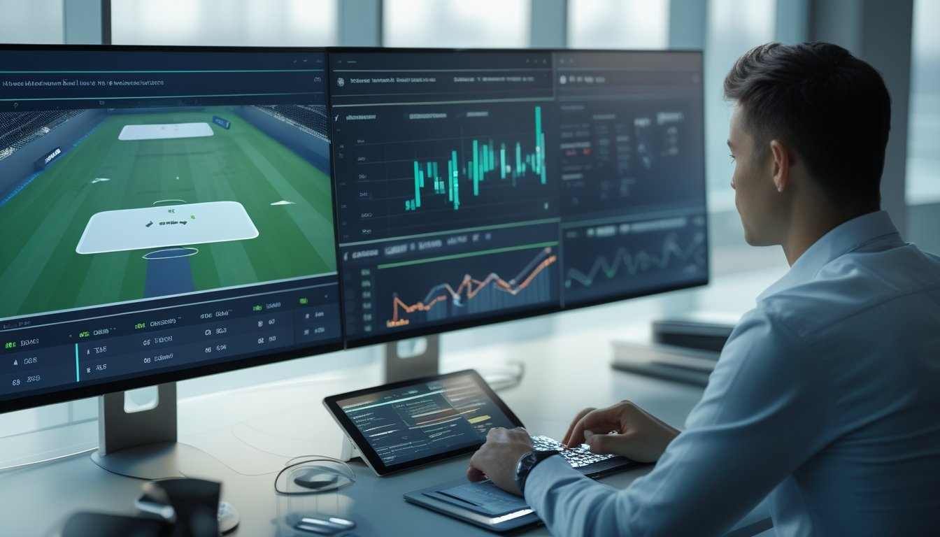 Seorang analis mempelajari data simulasi olahraga virtual pada beberapa layar komputer.