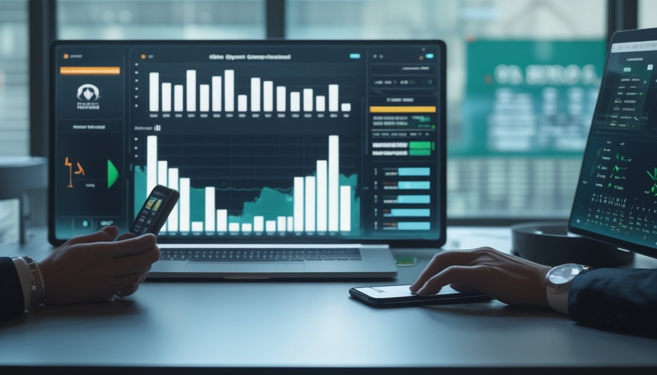 Meja kerja modern dengan perangkat digital yang menampilkan grafik perbandingan data olahraga abstrak.