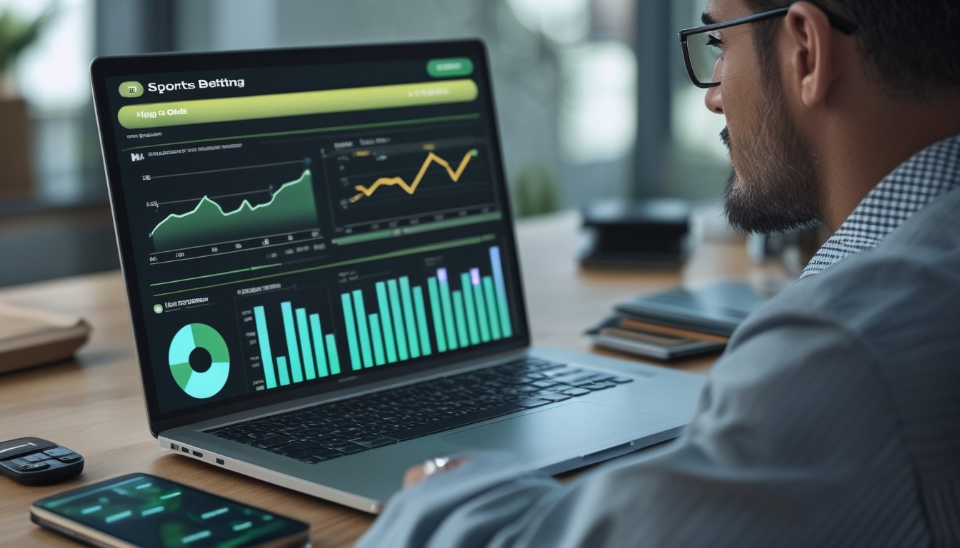 Analis dewasa meninjau data olahraga dan perbandingan peluang taruhan di ruang kerja modern.