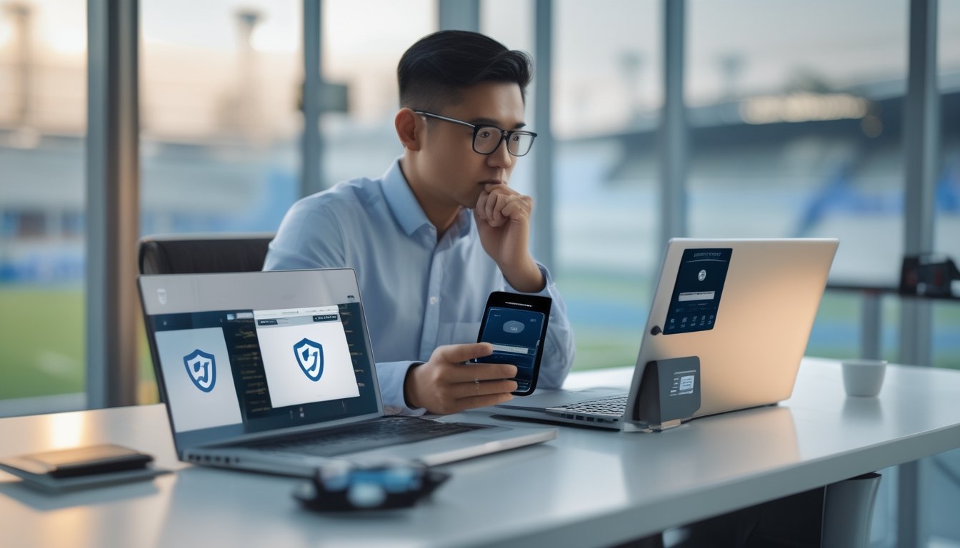 Orang dewasa membandingkan keamanan beberapa situs taruhan olahraga melalui laptop dan ponsel di meja kerja.