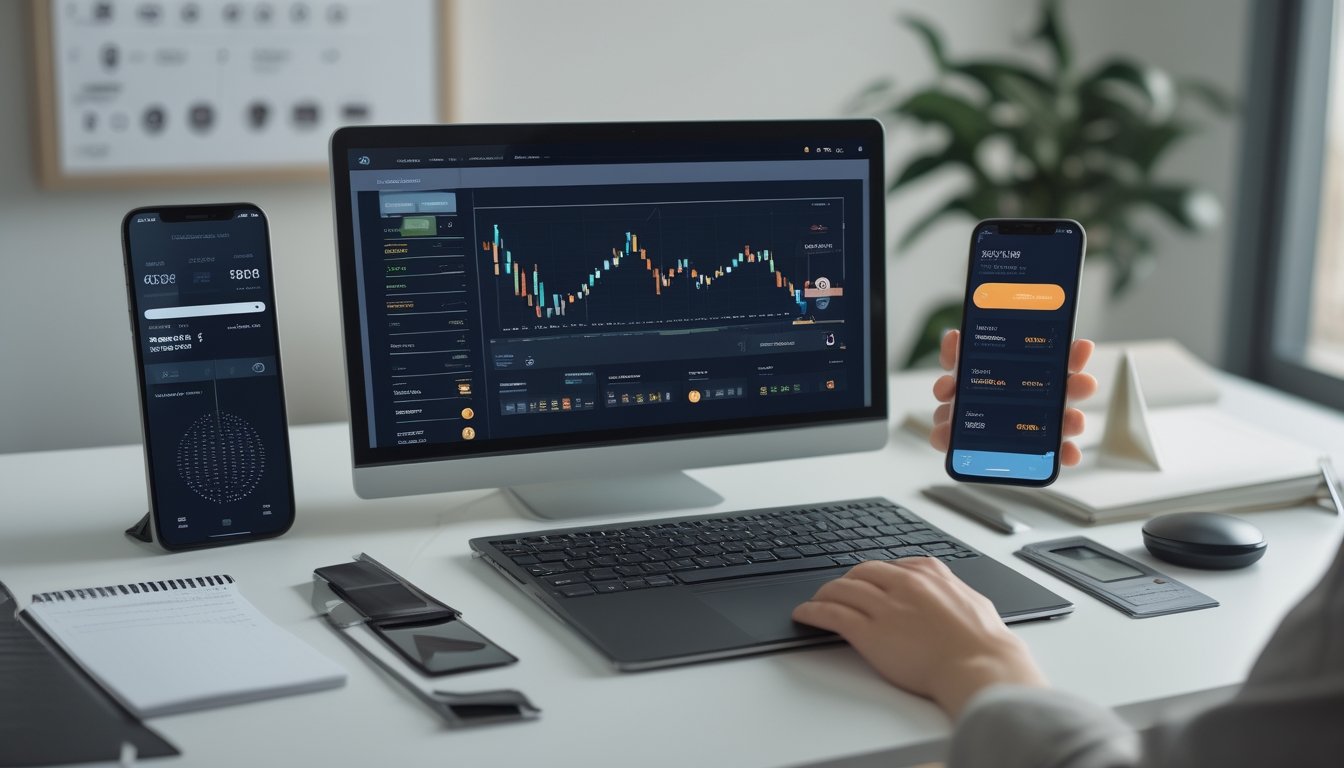 Laptop dan ponsel menampilkan antarmuka dompet kripto serta analitik olahraga di meja kerja modern.
