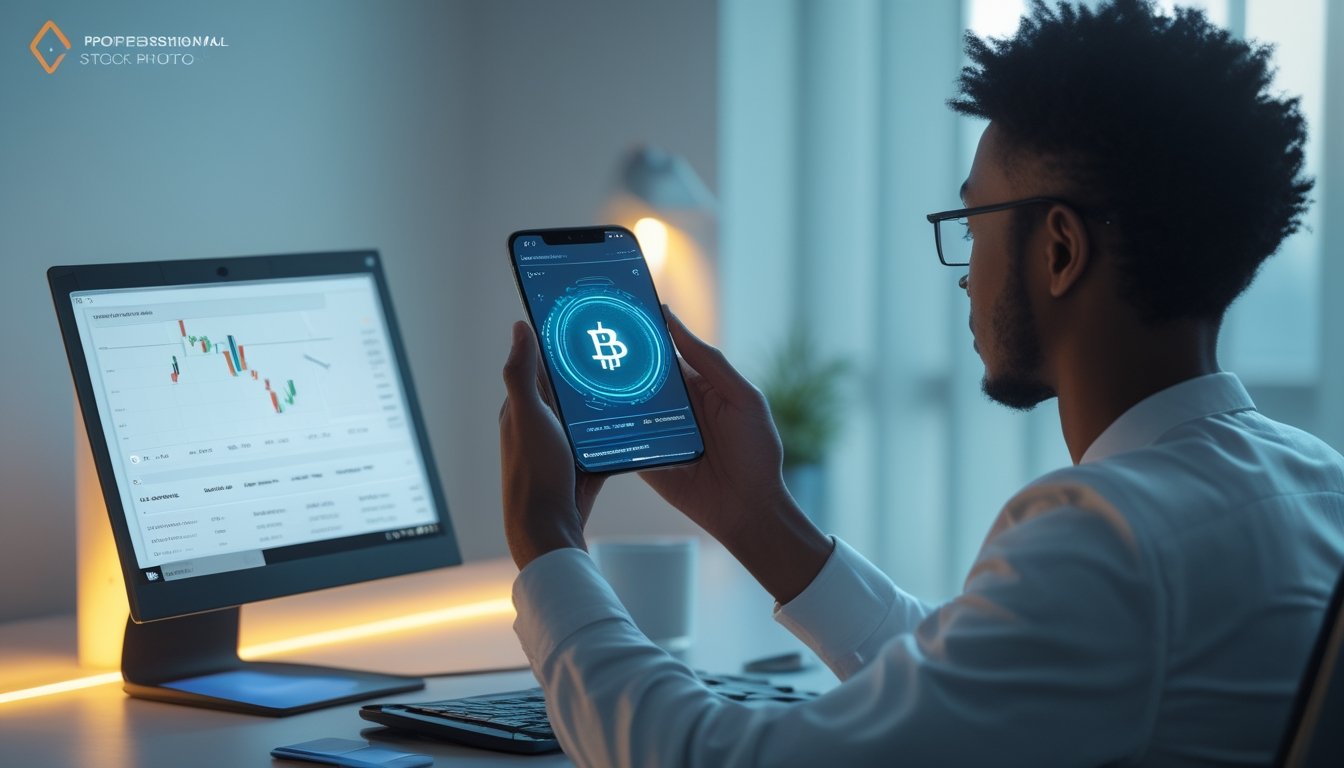 Seseorang menggunakan dompet kripto di ponsel sambil melihat analisis pertandingan olahraga di laptop.