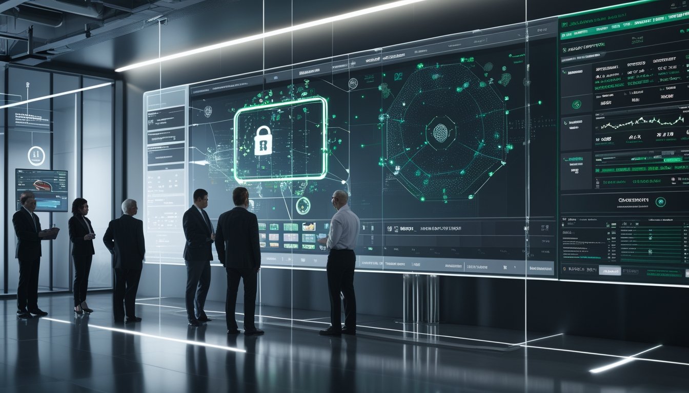 Tim profesional memantau jaringan blockchain yang mengamankan platform taruhan olahraga dengan grafik pertandingan dan simbol perlindungan data.