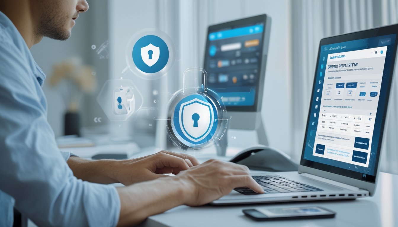 Orang dewasa memeriksa situs taruhan olahraga secara hati-hati di laptop dengan simbol keamanan dan perlindungan data di meja.