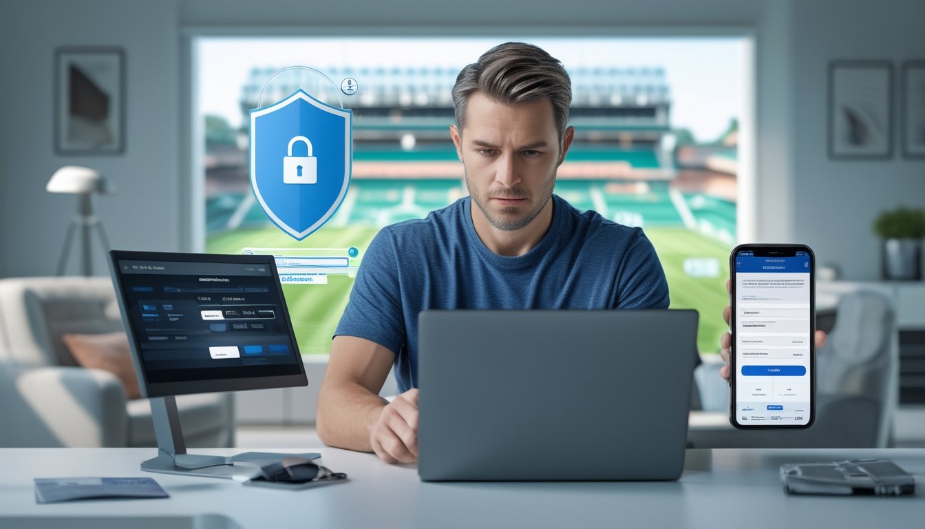 Orang dewasa memeriksa platform taruhan olahraga daring dengan simbol keamanan di laptop dan ponsel.