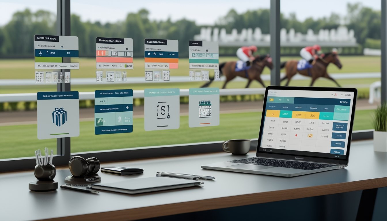 Seorang analis meninjau simbol bonus dan persyaratan promosi di meja kerja dengan latar arena pacuan kuda.
