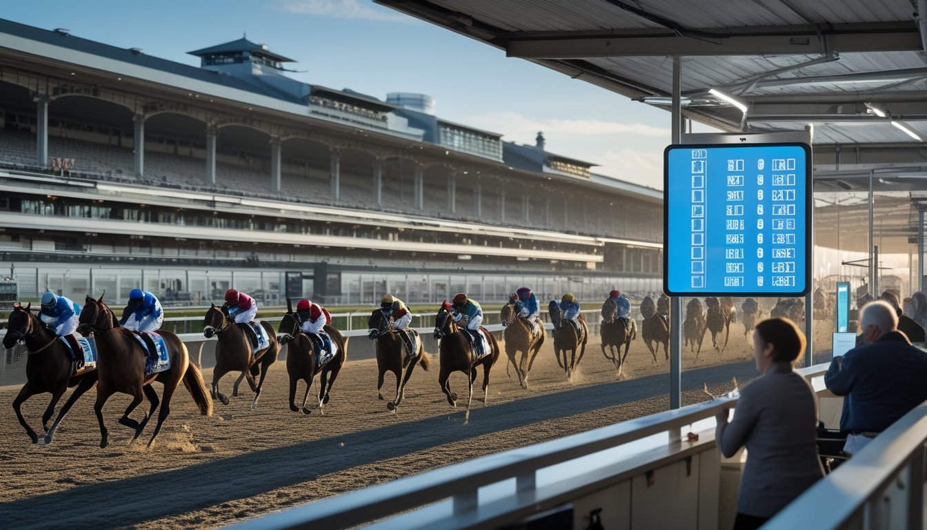 Suasana arena balap kuda modern dengan penonton, papan odds digital, dan elemen sejarah sistem taruhan parimutuel.