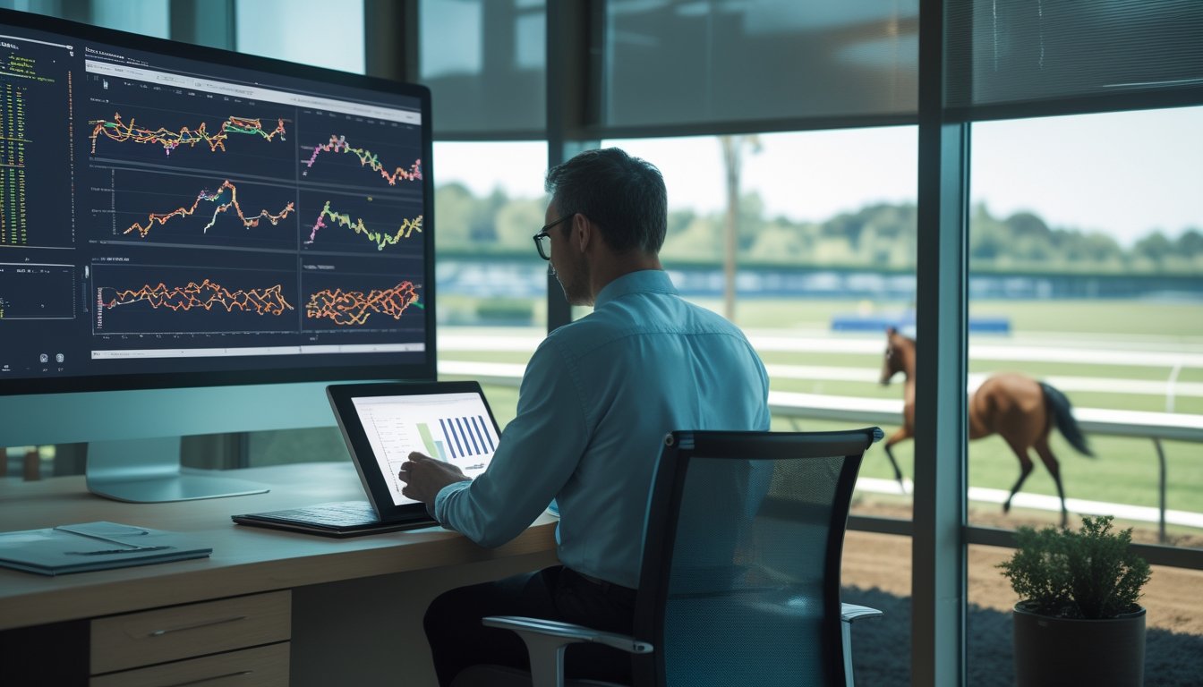 Seorang analis memeriksa grafik data balap kuda di ruang kerja modern dengan lintasan dan kuda pacu di latar belakang.