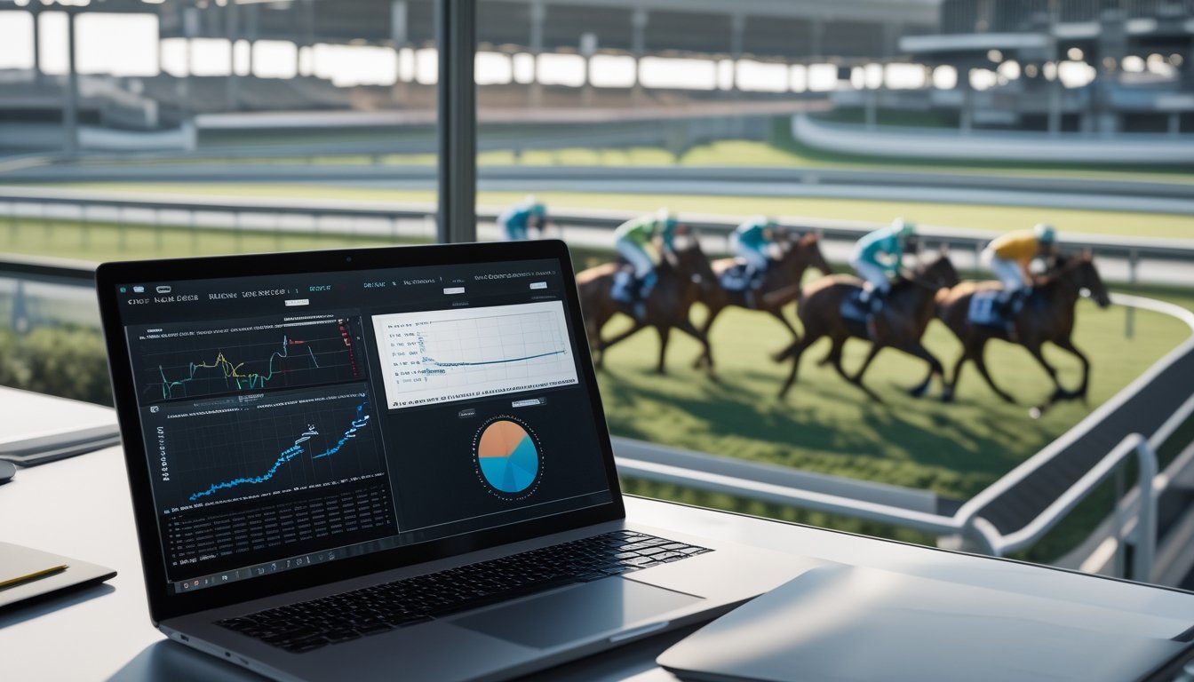 Analis sedang memeriksa data performa kuda pacu di ruang kerja modern yang menghadap lintasan balap.