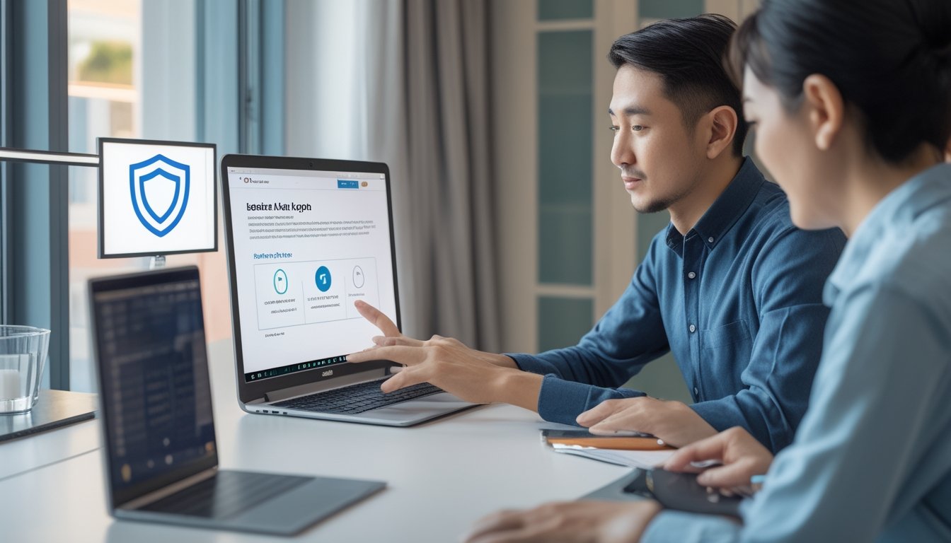 Orang dewasa menggunakan laptop dan ponsel untuk mendaftar layanan togel online dengan simbol keamanan digital di meja kerja.