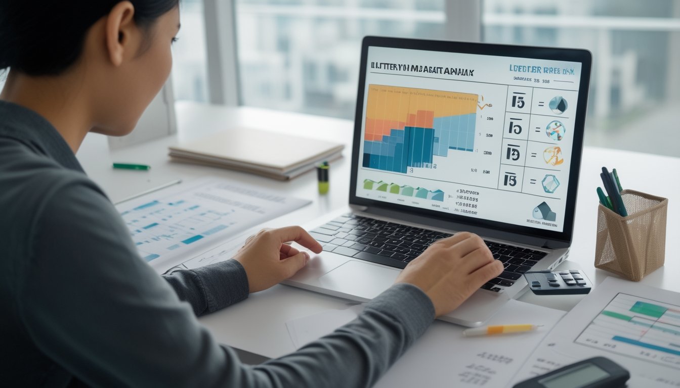 Seorang pemula mempelajari diagram dan angka abstrak di meja kerja dengan laptop, buku catatan, kalkulator, dan alat tulis.
