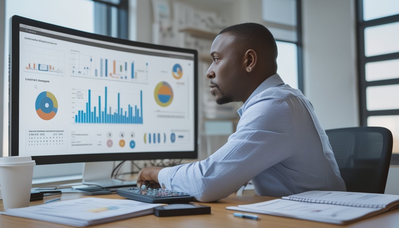 Seorang analis mempelajari grafik statistik dan deretan angka di meja kerja modern.