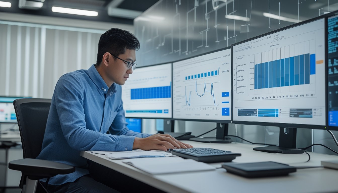 Analis data mempelajari grafik probabilitas dan simulasi angka acak di meja kerja.