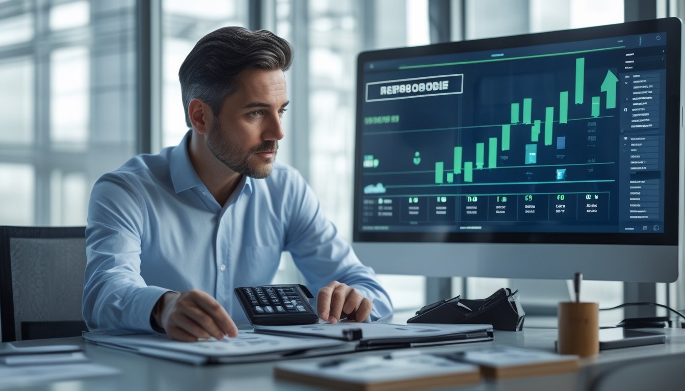 Seorang analis meninjau pola data dan grafik keuangan di kantor modern.
