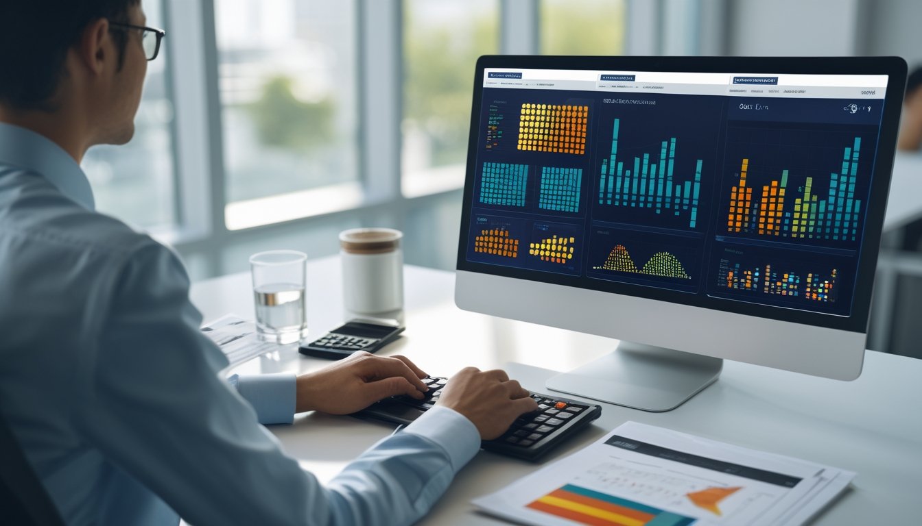 Seorang analis mengamati pola warna dan grafik abstrak di meja kerja modern.