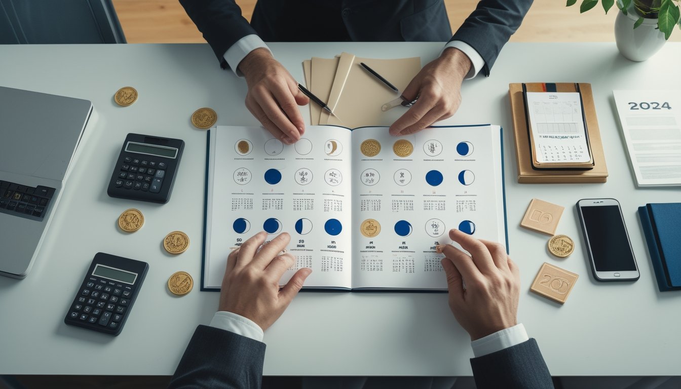 Tangan seseorang menata kalender lunar dan perlengkapan analisis di atas meja kerja.