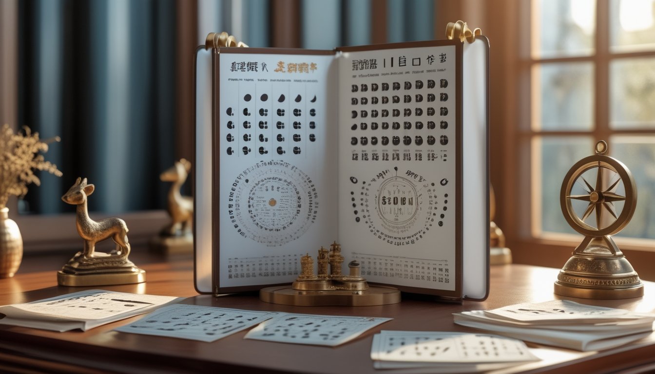 Kalender lunar terbuka dikelilingi figur hewan zodiak dalam susunan melingkar di atas meja.