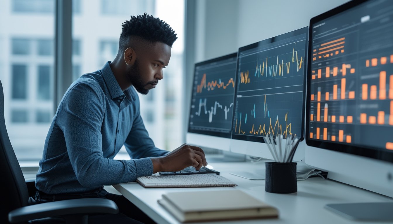 Seorang analis memeriksa pola data abstrak pada beberapa monitor di meja kerja modern.