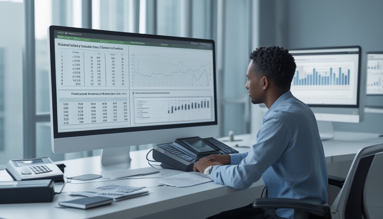 Seorang analis memeriksa grafik dan data historis pada monitor di ruang kerja modern.