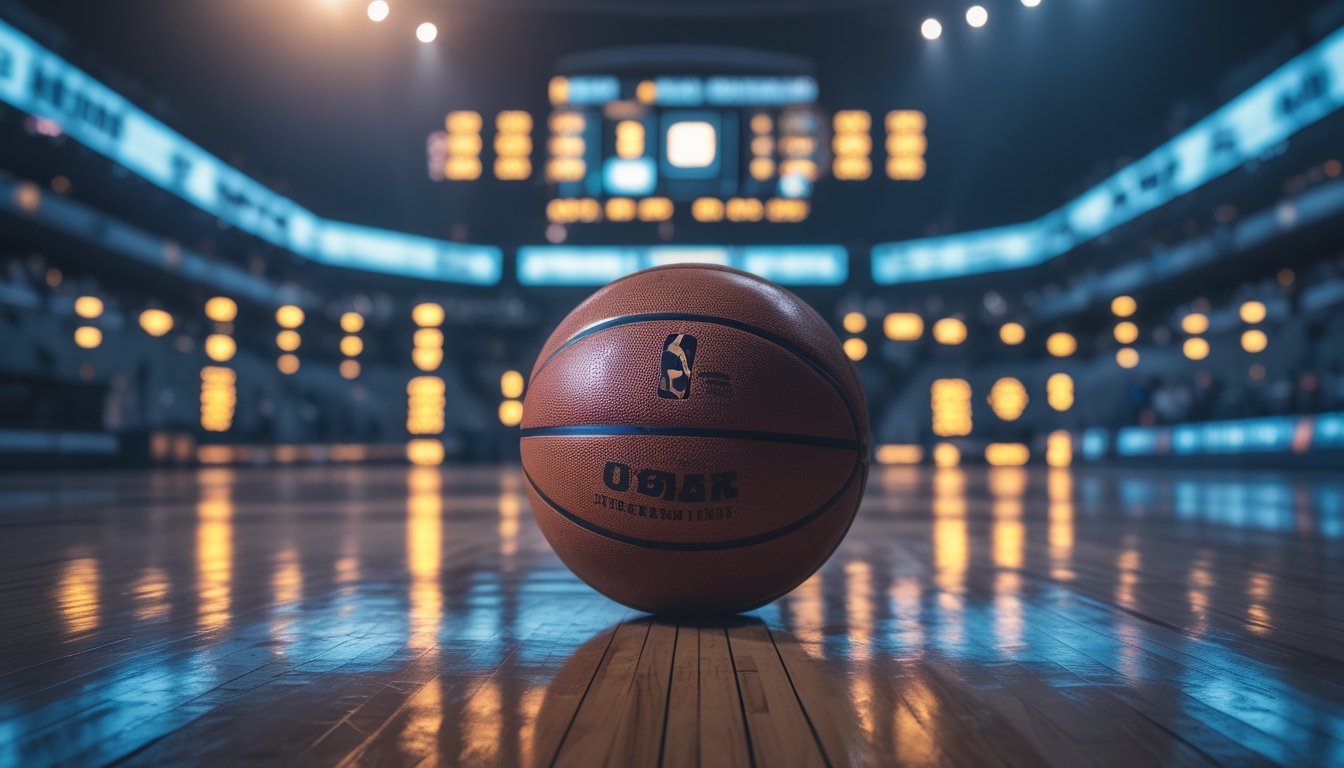 Bola basket di tengah lapangan arena dengan papan skor buram dan elemen analisis cahaya di latar belakang.