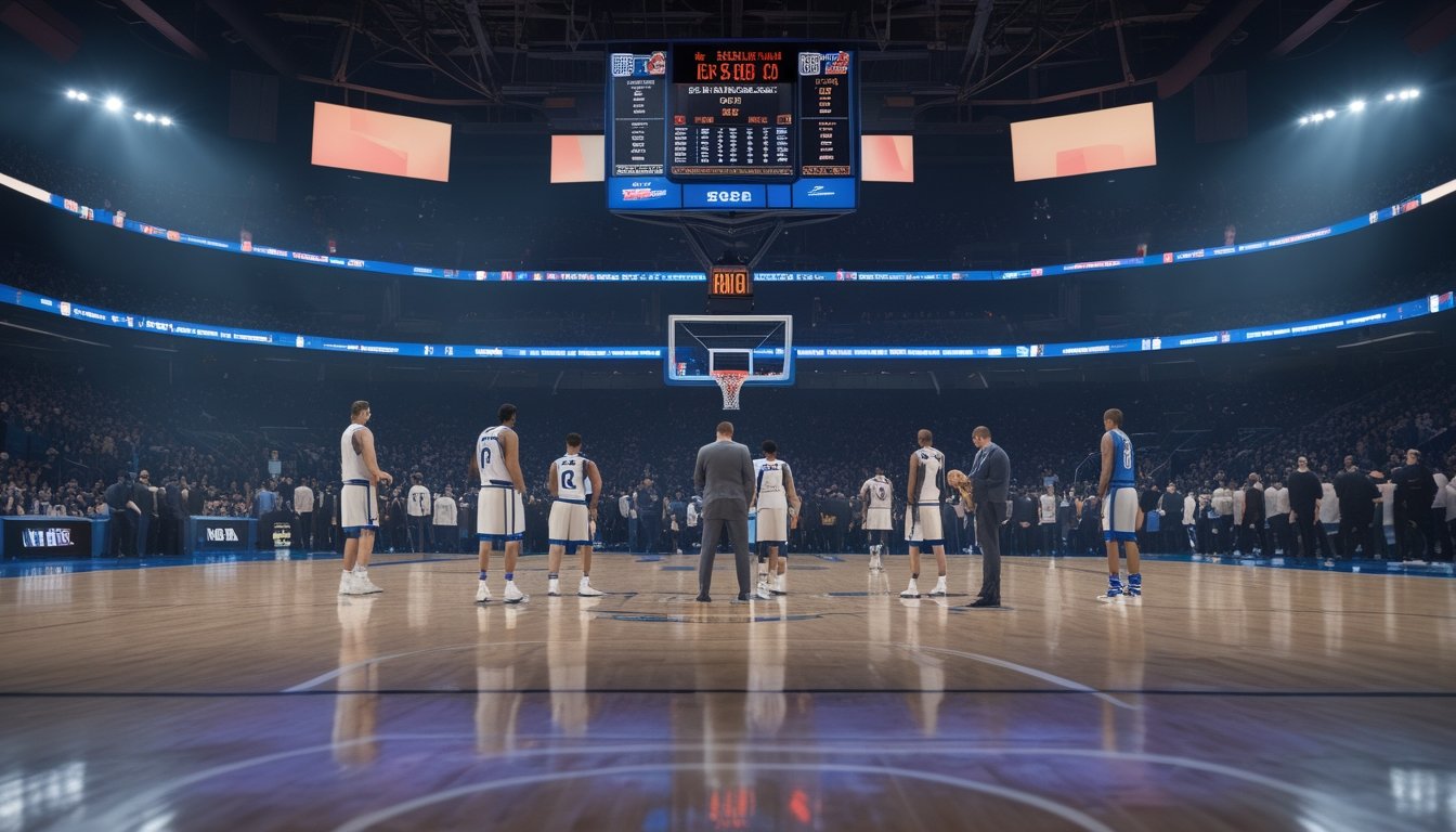 Suasana arena basket menjelang pertandingan final dengan pemain melakukan pemanasan dan pelatih membahas strategi.