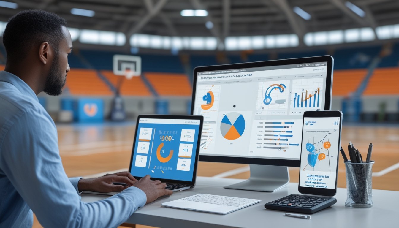 Seorang analis memeriksa statistik tim basket di laptop dan grafik cetak di meja dalam arena basket.