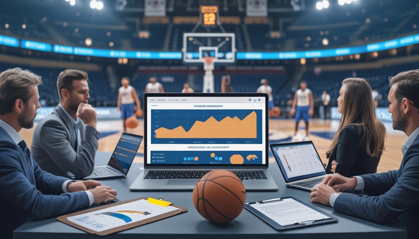 Analis memeriksa statistik tim basket menggunakan laptop dan grafik di arena olahraga.