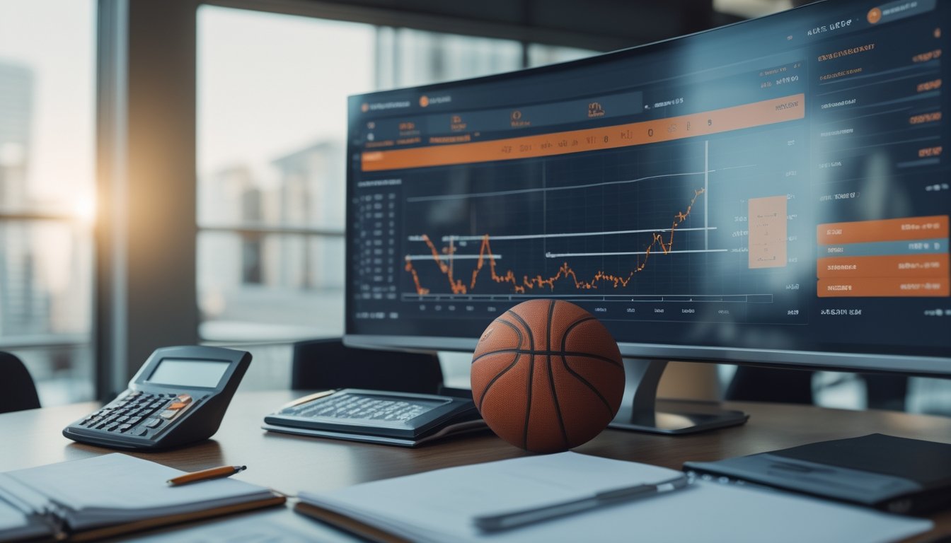 Seorang analis mempelajari data pertandingan basket di meja kerja dengan bola basket di latar depan.