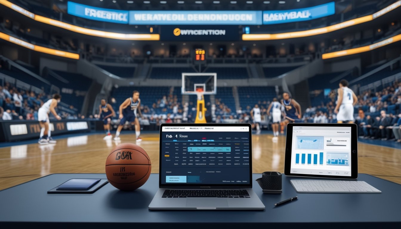 Pertandingan basket berlangsung di arena indoor dengan meja analisis berisi laptop, tablet, bola basket, dan buku catatan di latar depan.