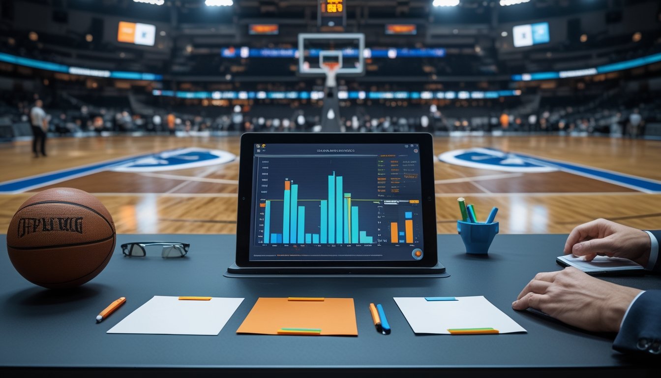 Analis olahraga menganalisis pertandingan bola basket di arena modern menggunakan perangkat digital.