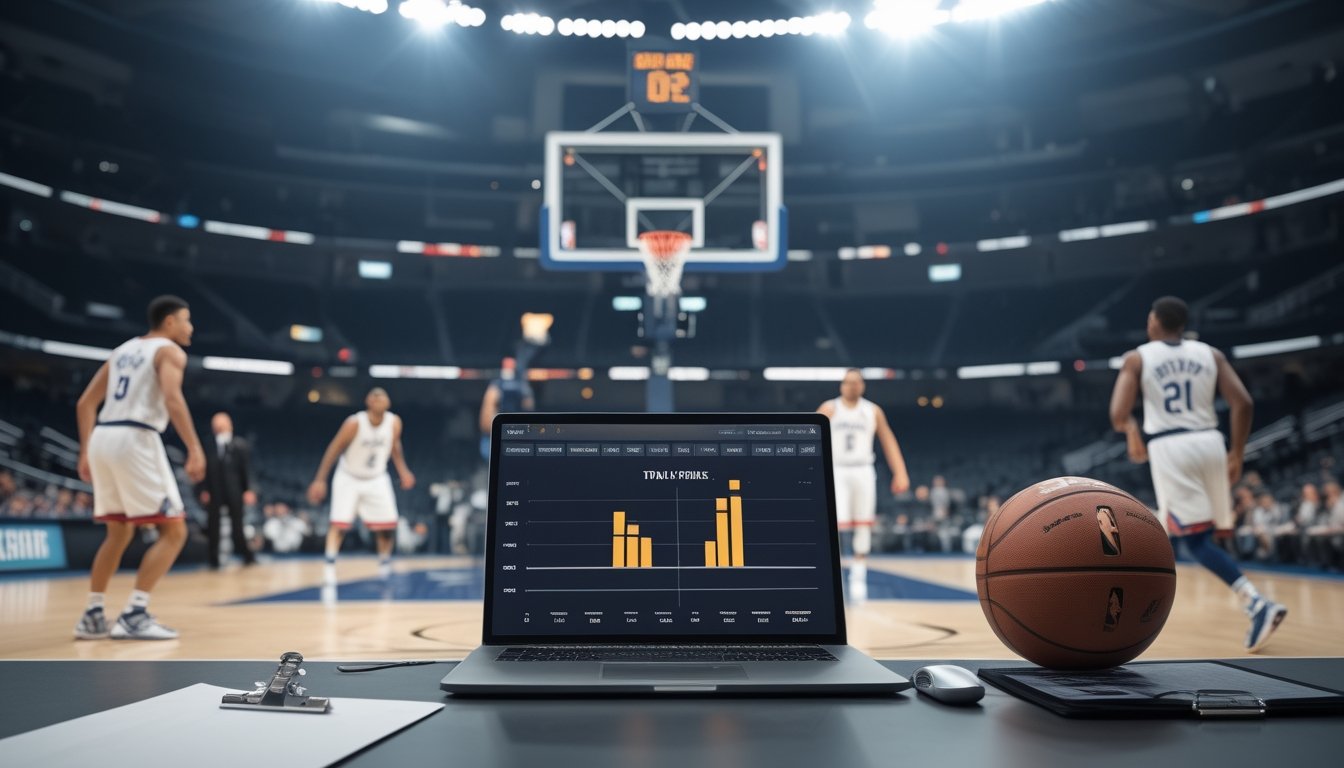 Pemain bola basket bertanding di arena dengan meja analisis dan grafik skor sederhana di latar depan.