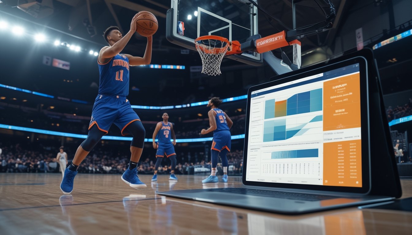 Pemain basket profesional melakukan tembakan saat pertandingan, dengan perangkat analisis statistik di meja depan.