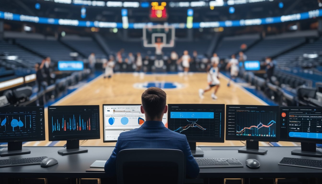 Analis olahraga menganalisis data performa pemain bola basket di ruang kerja dengan pertandingan berlangsung di latar belakang.