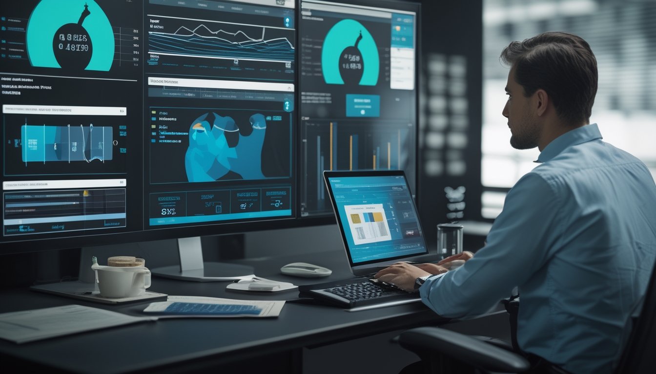 Analis sedang meninjau data performa kuda dan joki di ruang kerja modern.