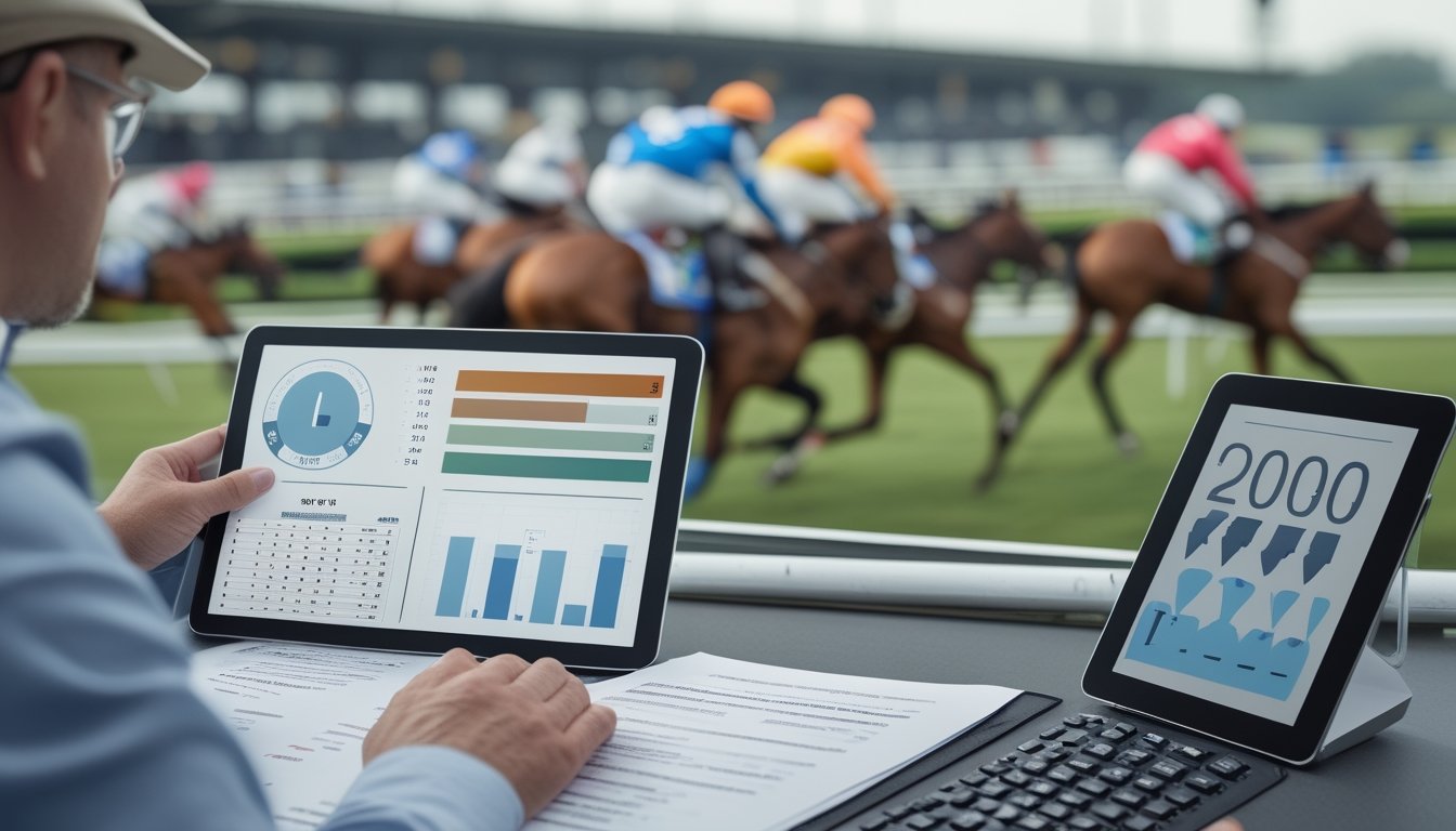 Seorang analis mempelajari data balap kuda sambil mengamati perlombaan di arena.