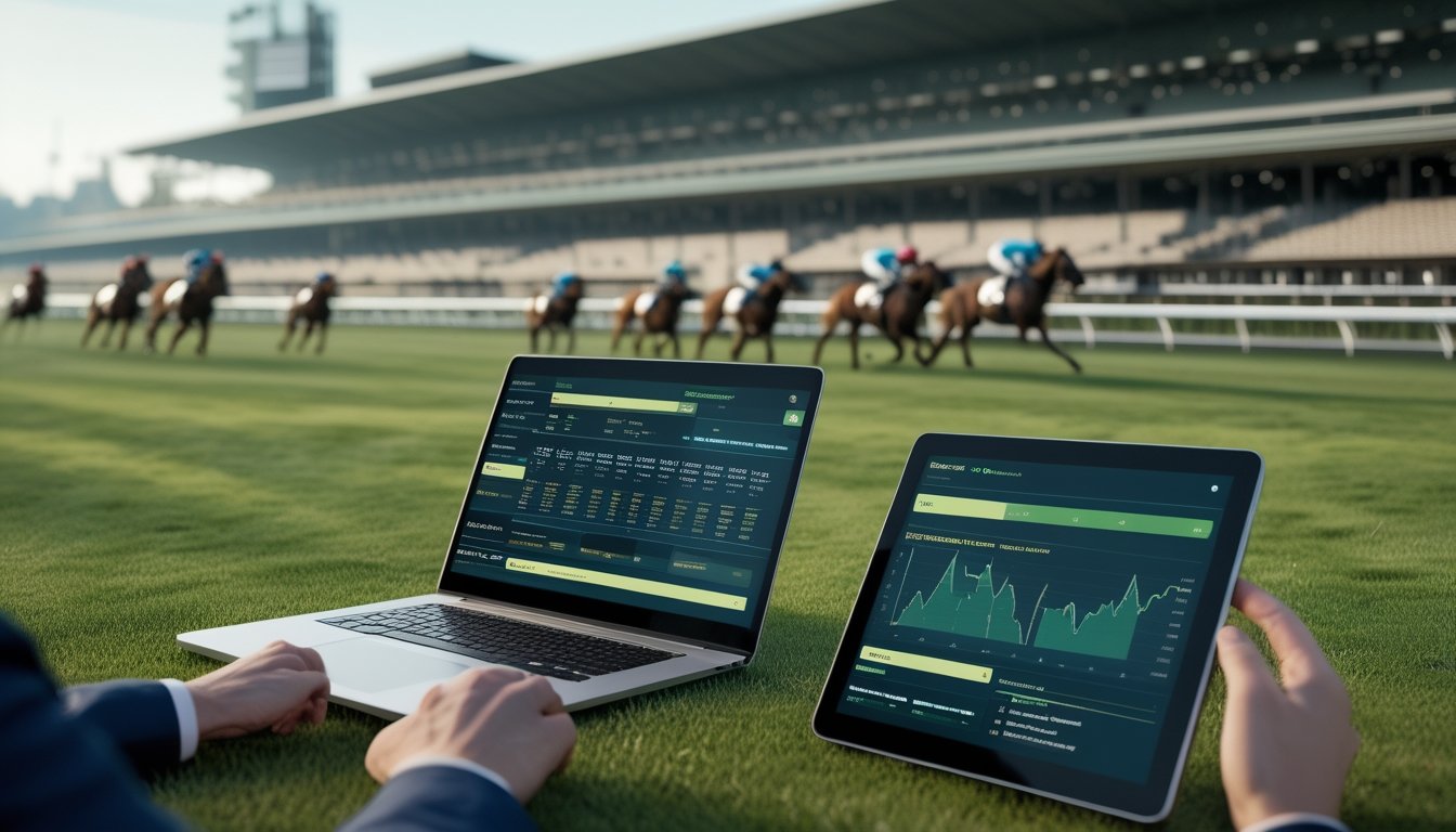 Balapan kuda berlangsung di arena modern dengan laptop dan ponsel yang menampilkan antarmuka digital abstrak.