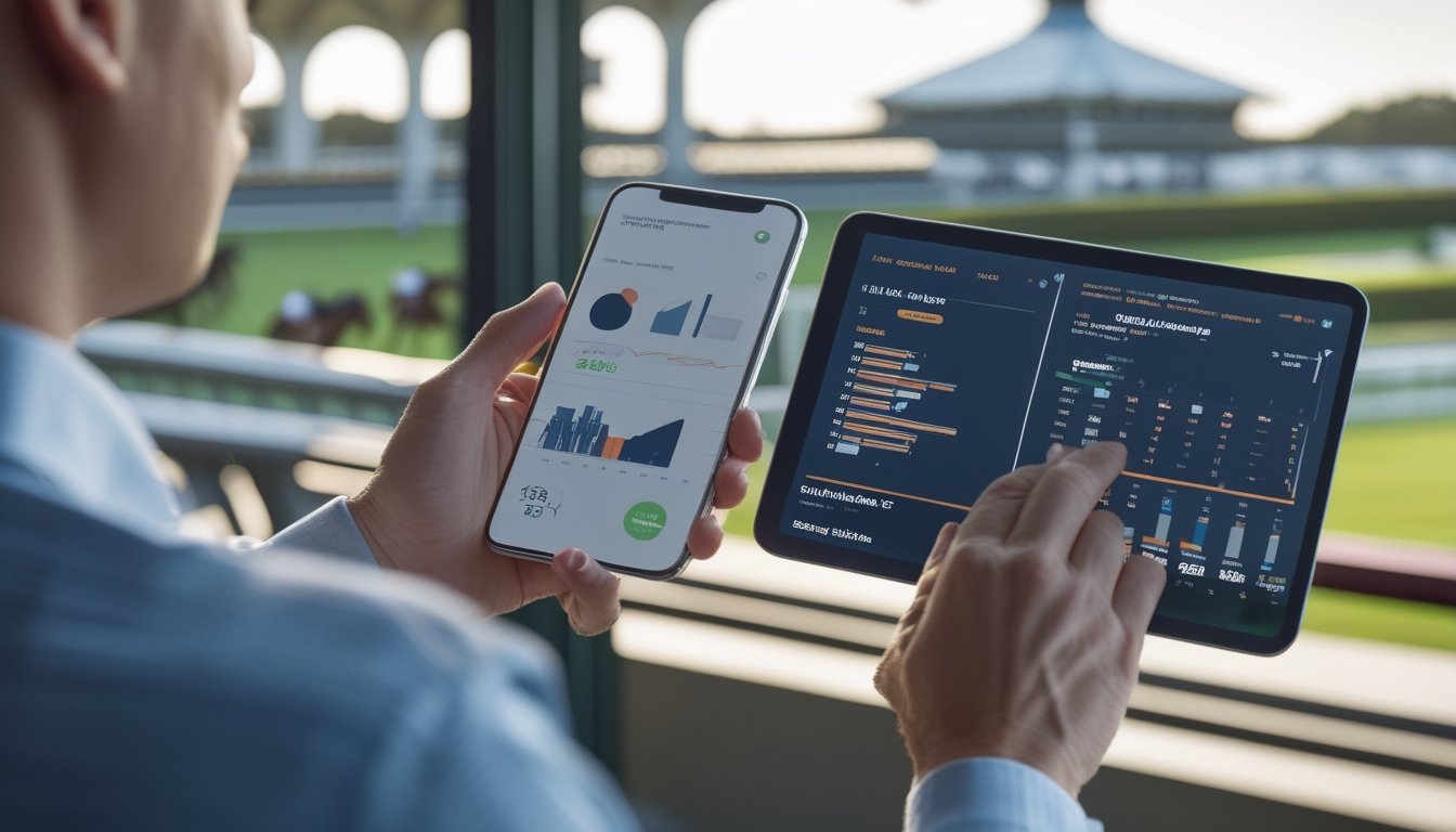 Seseorang menggunakan tablet untuk melihat data balap kuda dengan lintasan balap yang tampak di latar belakang.