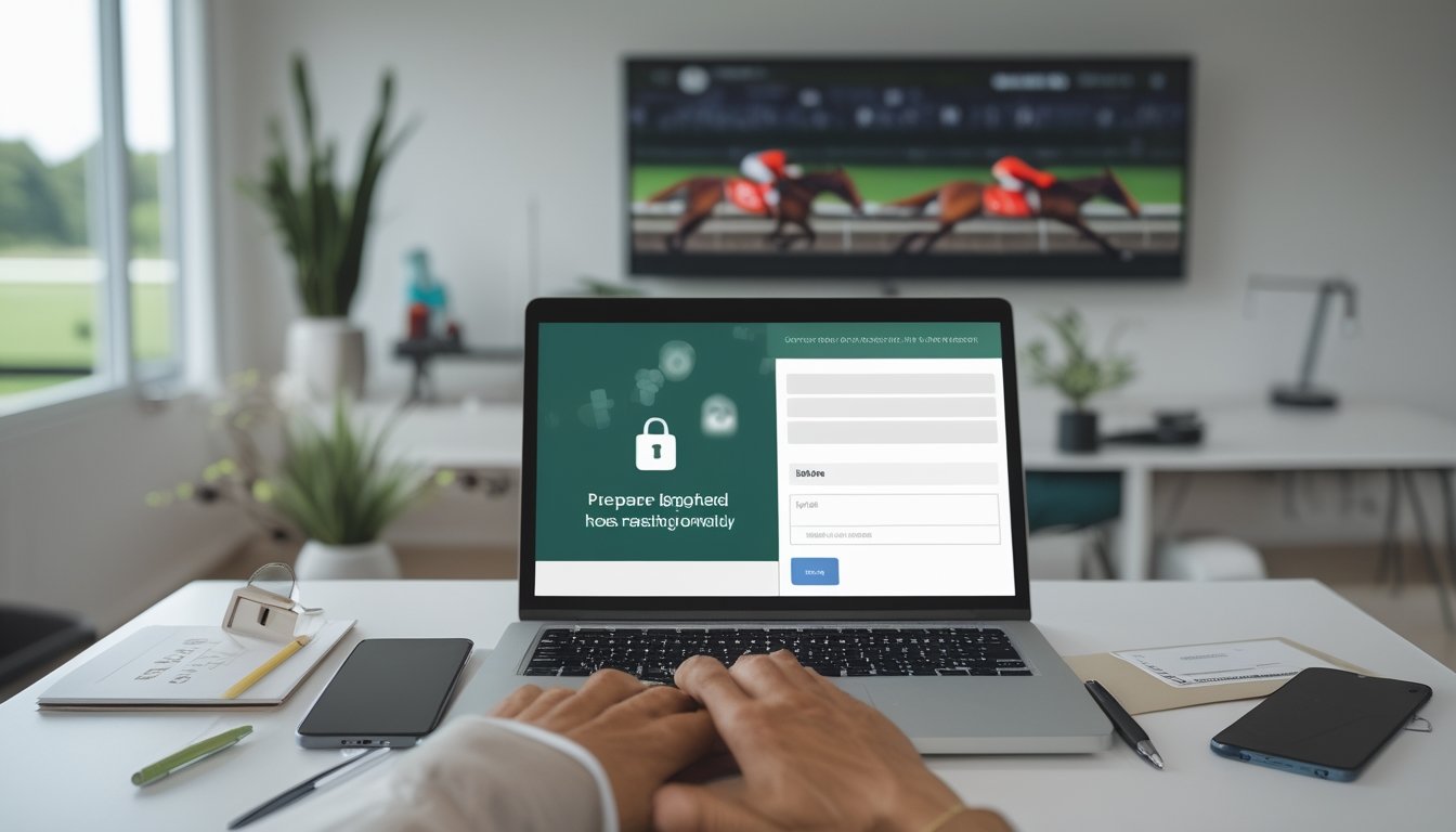 Seseorang menyiapkan laptop, ponsel, dan dokumen di meja dengan latar arena pacuan kuda.