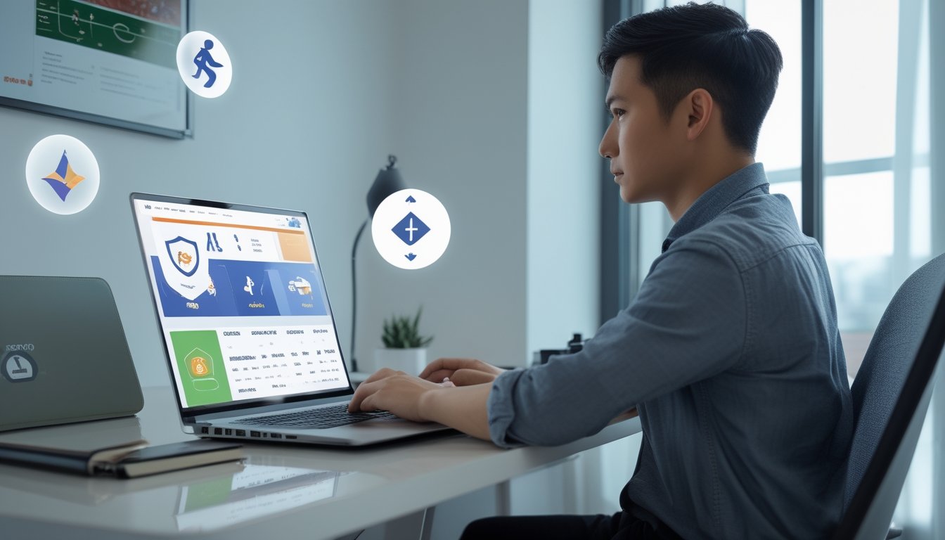 Seorang pemula mempelajari taruhan sepak bola secara aman melalui laptop di meja kerja modern.