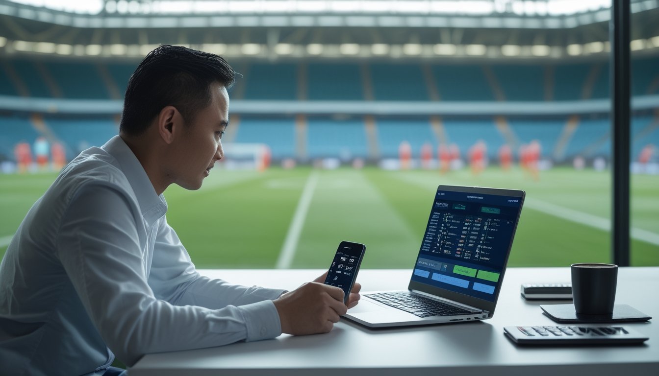 Seorang pemula mempelajari statistik pertandingan sepak bola menggunakan laptop di meja dengan latar stadion.