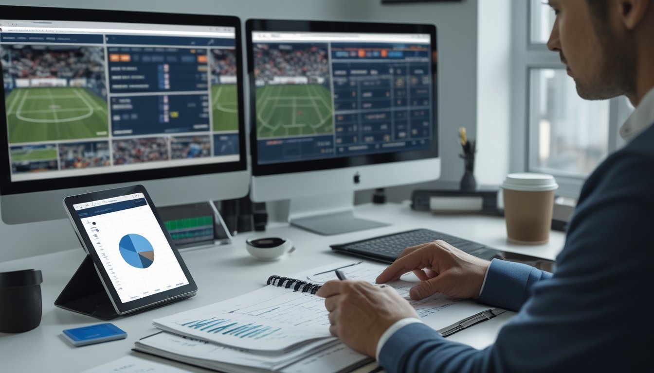 Analis olahraga meninjau data pertandingan dan grafik strategi di ruang kerja modern.