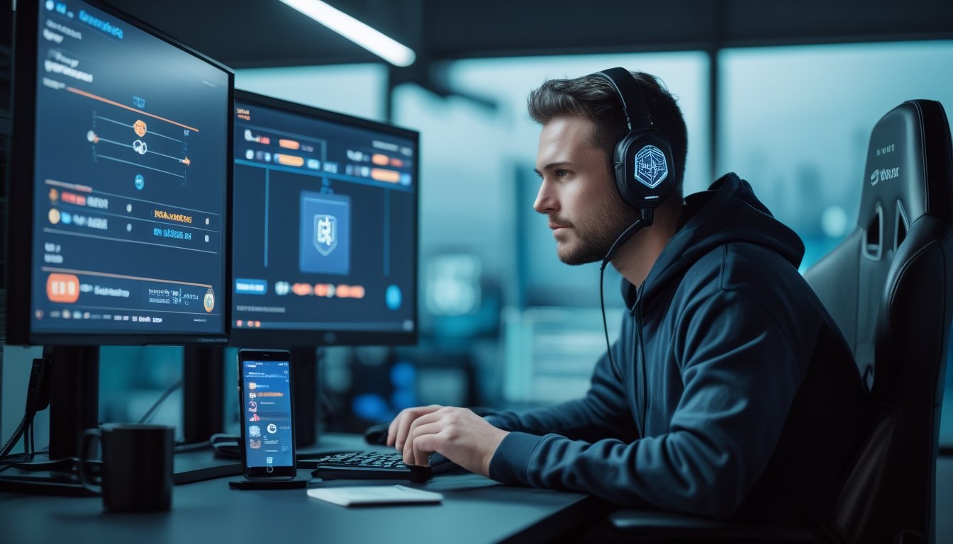 Seorang pemain esports dewasa menganalisis pertandingan di depan komputer dengan perangkat keamanan dan catatan kosong di meja.