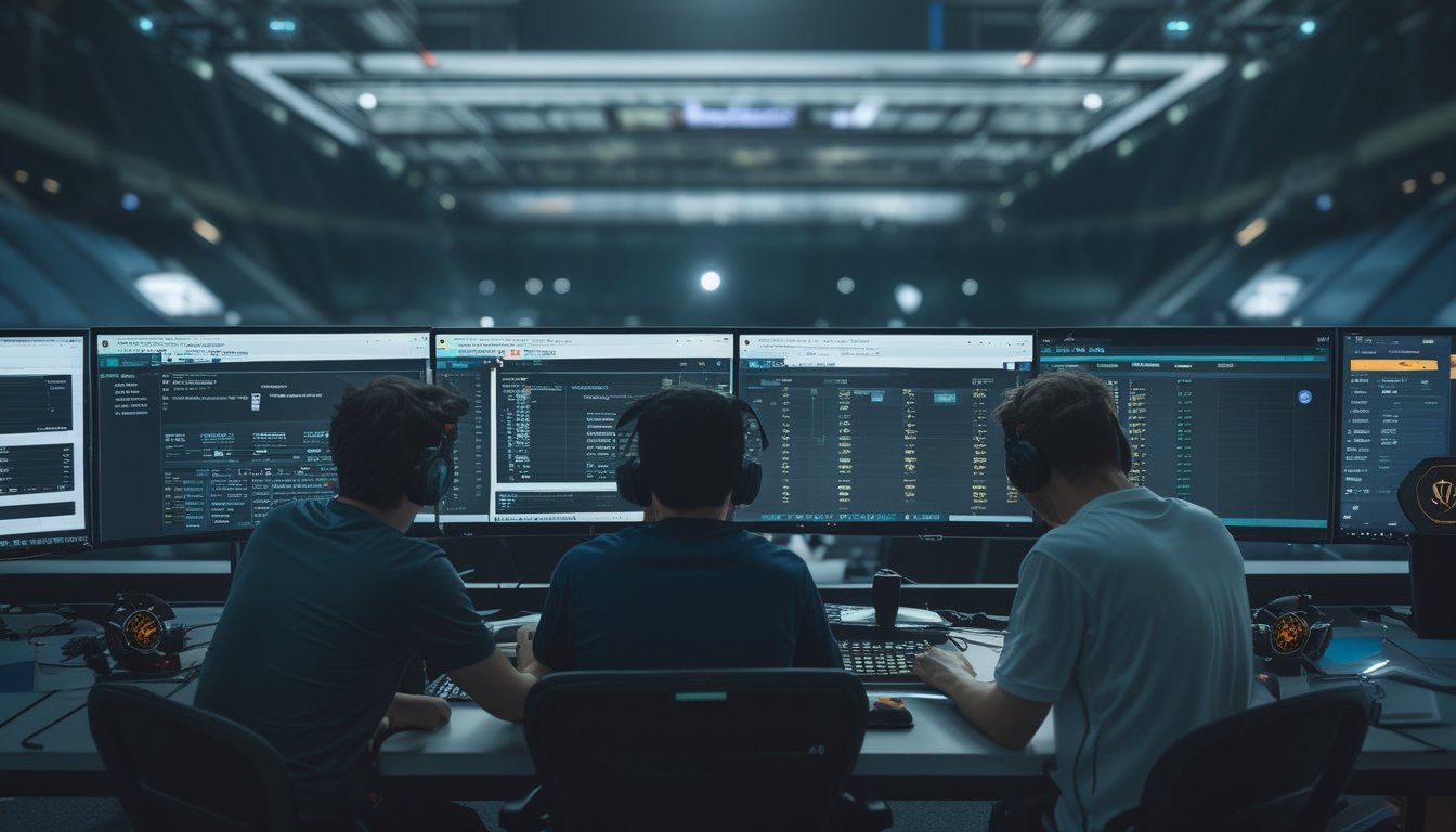 Sekelompok analis esports mempelajari data pertandingan di ruang kerja modern.