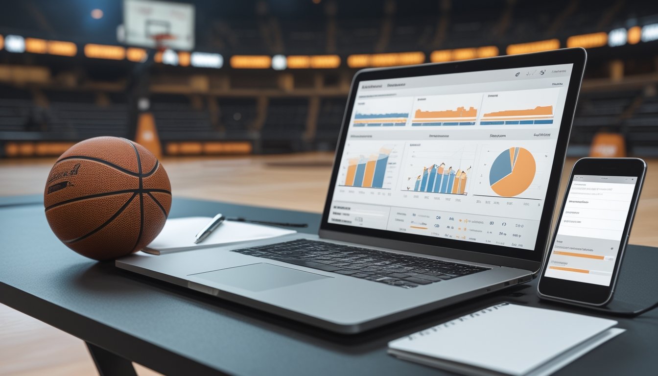 Meja kerja dengan bola basket, laptop berisi grafik statistik, buku catatan, kalkulator, dan latar lapangan basket yang buram.