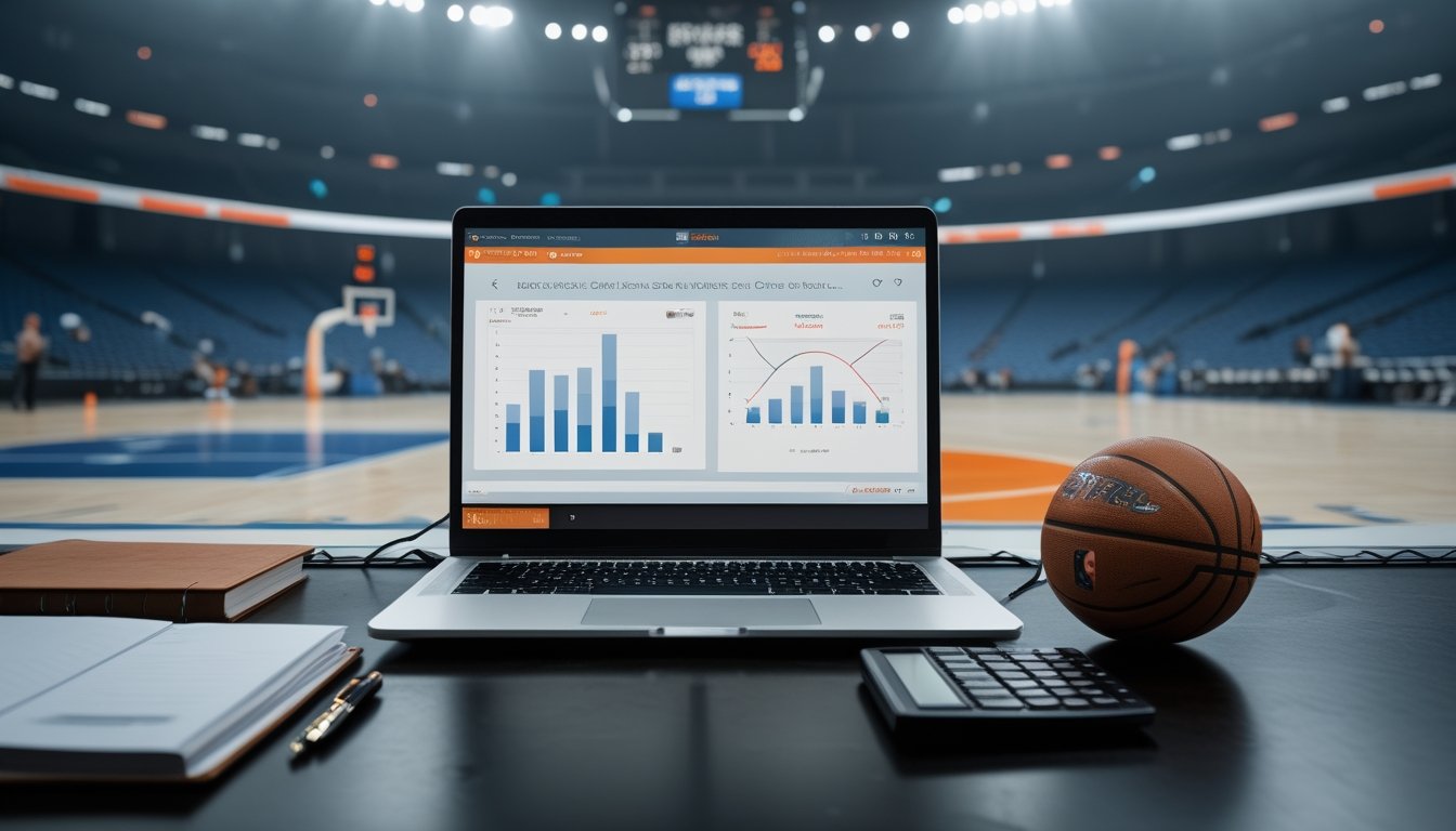 Meja analisis dengan laptop berisi grafik statistik basket, bola basket, buku catatan kosong, kalkulator, dan arena basket yang tampak samar di latar belakang.