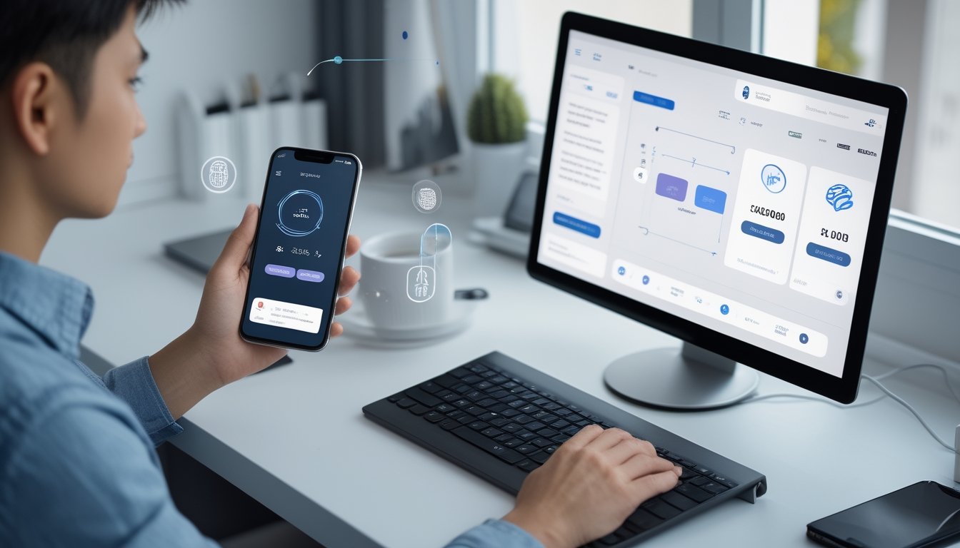 Seseorang menggunakan ponsel dengan dompet digital untuk melakukan transaksi aman di meja kerja.